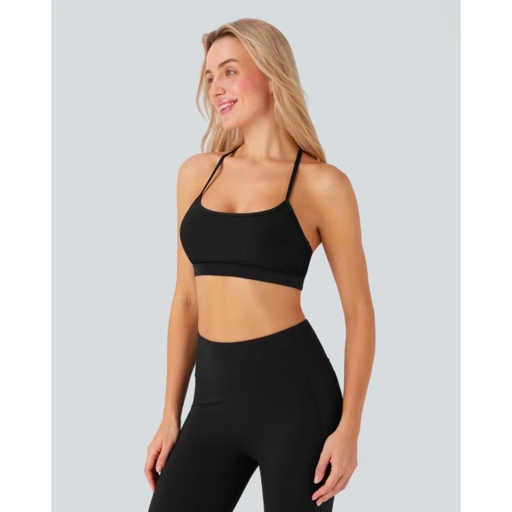 Halara Black Ribbed Low Support Cut Out Yoga Sports Bra Small A-D Cup NWT